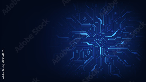 Futuristic artificial intelligence (AI) with a circuit board on a blue background. Circuit board components. Electronics and computer technology. Abstract semiconductor chip. Vector illustration.