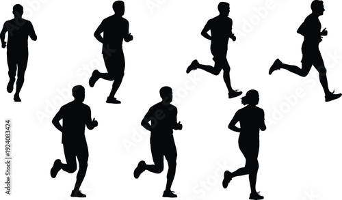 Active male and female runners in motion silhouette set, athletes sprinting and jogging for marathon and fitness training vector.