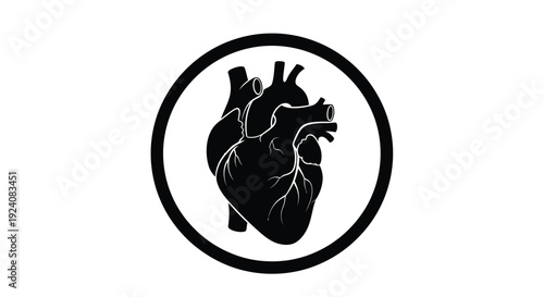 Black silhouette of a human heart enclosed within a circular frame