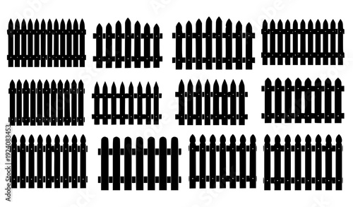 White Picket Fence Silhouette Vector Set – Rustic Wooden Fence Icons