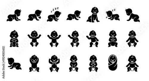 Black Silhouette Baby Positions Icon Set Minimal Vector Illustration