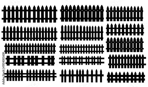 Black Picket Fence Vector Illustration – Rustic Garden Silhouettes on White