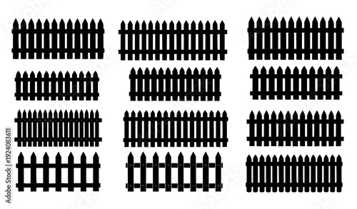 Black Picket Fence Vector Illustration – Rustic Garden Silhouettes on White