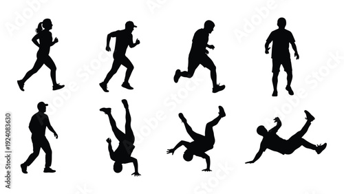 A group of people running and doing tricks isolated on white background, Vector