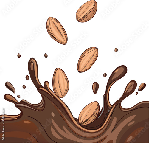 A dynamic splash of rich melted chocolate with whole almonds falling into it, some mid-air and some partially submerged.