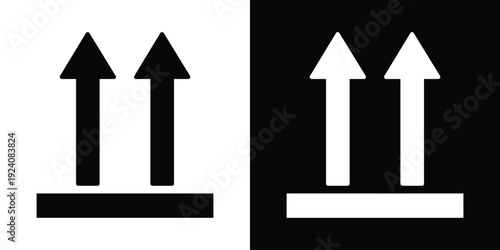 Standard this side up shipping mark with two upward arrows and a base line. Universal logistics icon for correct box orientation, essential for package delivery and warehouse storage safety.