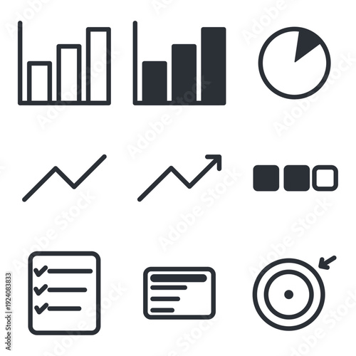 進捗と分析のフラットアイコンセット　棒グラフ　円グラフ　折れ線　KPI　チェックリスト　ターゲット