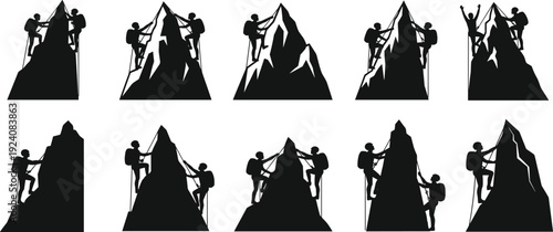 mountain climbers silhouettes vector illustration, teamwork adventure artwork, climbing rope gear design, summit reaching concept, perseverance challenge artwork, black white creative illustration set