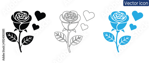 Elegant rose and heart vector icons in black, white, and blue for various design needs