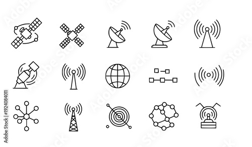 Wireless Satellite Technology Icon Set – Antenna and Global Data Line Vector