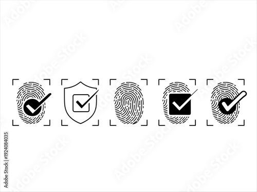 Biometric fingerprint verification icons set with check marks and security shield symbols. Identity authentication, approval, and digital protection concept in black and white vector style.