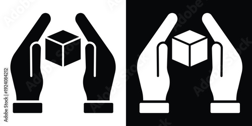 Protective hands holding a box icon representing careful handling. Logistics symbol for package safety, manual handling instructions, and delicate cargo protection for shipping and mailing.