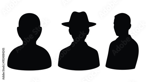 Three silhouettes of men with different appearances isolated on white background, Vector
