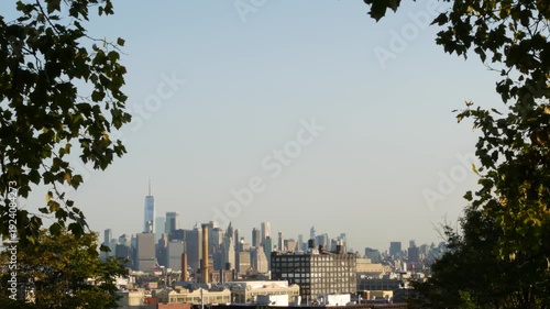 New York City Manhattan downtown financial district skyline, Brooklyn Sunset Park, United States of America. Urban cityscape with skyscraper buildings, World Trade Center from residential district