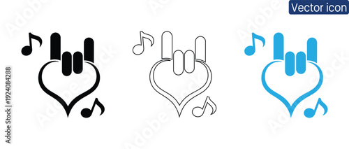Vibrant set of hand signs forming heart shapes with music notes in black, white, and blue. Perfect for music, love, or artistic themes.