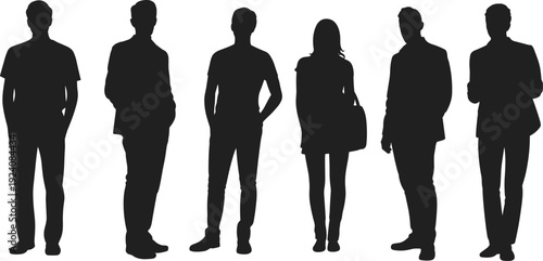 Large collection of black silhouettes featuring diverse young children teenage students and adults standing sitting and walking isolated on white background for lifestyle concept