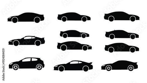 A collection of black car silhouettes on a white background isolated on white background, Vector