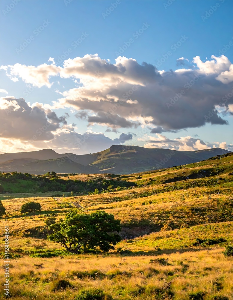 Obraz premium Serene landscape with rolling hills mountains.