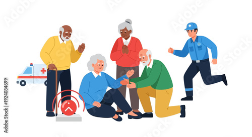 Senior Woman Falls, Receives Immediate Help from Fellow Elders & Paramedic Responding to Medical Alert