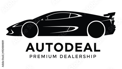 Autodeal premium dealership logo with sports car isolated on white background, Vector