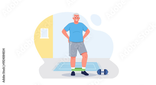Happy Senior Man Exercising at Home with Resistance Band for Healthy Aging and Active Lifestyle - Flat Vector Illustration