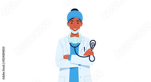Smiling Indian Female Doctor with Stethoscope and Mask - Healthcare Professional Portrait