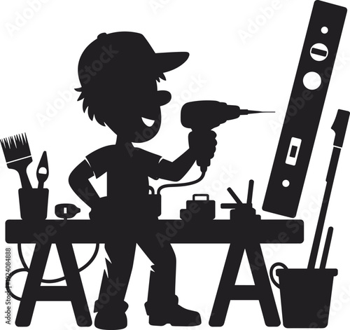 Black vector silhouette of a handyman carpenter working at a workbench with power drill level and tools for home renovation, cad drawing flat vector illustration