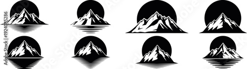 mountain landscape silhouette icon collection nature vector set, mountain peak silhouette icon set nature and outdoor symbols, mountain logo silhouette collection with landscape vector icons