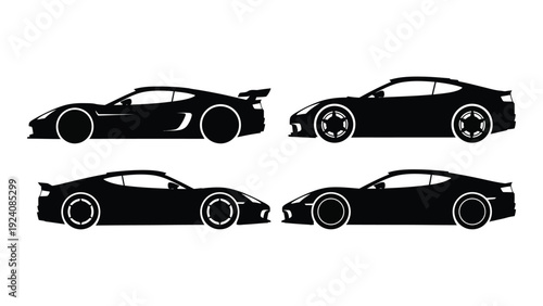 Silhouette of four sports cars in different views isolated on white background, Vector