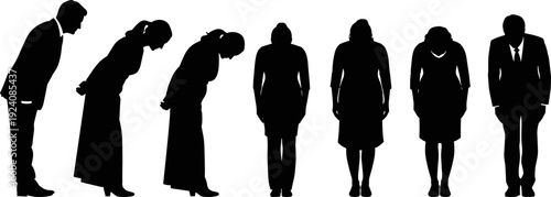 Black Silhouette Set of Business People Bowing, Japanese Etiquette Flat Vector Illustration