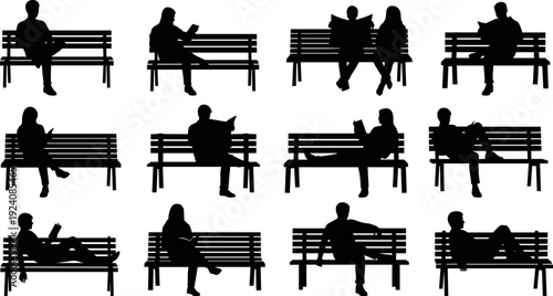 Black Silhouette Set of People Sitting on Benches and Reading, Flat Vector Park Life Illustration