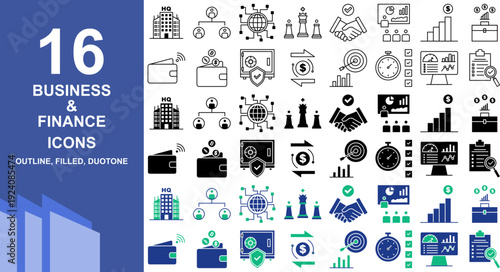 Corporate Business Icons Set - Outline Filled Duotone Style - Finance Office Company Management