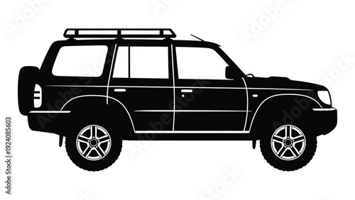 A black suv with a roof rack is shown in profile isolated on white background, Vector