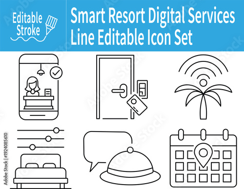 Smart Hospitality Technology Icon Sheet Featuring Mobile Check In, Digital Room Access, Resort WiFi, Smart Bed Control, Online Concierge, and App Based Booking