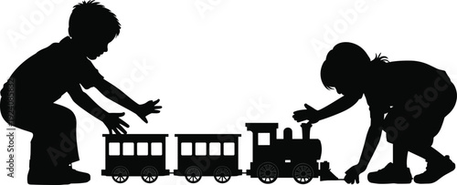 Black vector silhouette of young boy and girl playing with a toy steam train for childhood development education and family lifestyle branding, cad drawing flat vector illustration