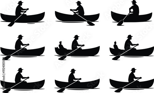 Black vector silhouette set of a man in a hat rowing a canoe boat on water for outdoor adventure lake recreation and summer sports branding