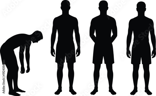 Male body silhouette vector set, standing and bending human figure isolated on white background for anatomy reference