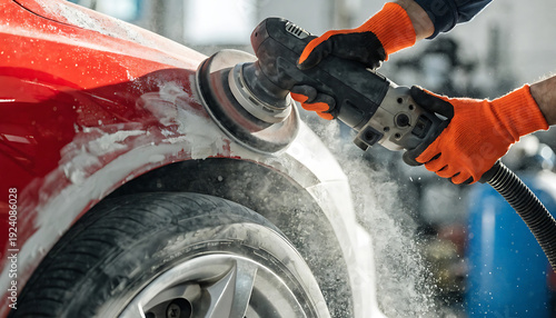A person wearing orange gloves using a power tool to polish the side of a red car in a workshop setting.