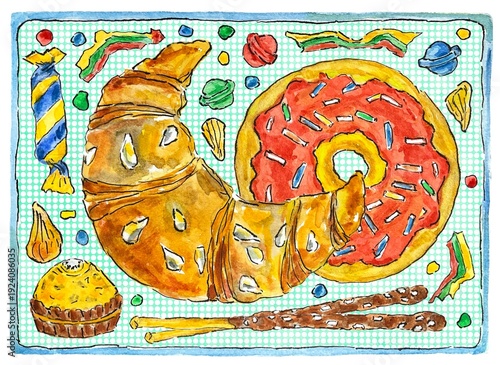 Postcard with sweets and pastries, watercolor illustration 