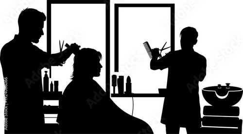 Hairdresser Cutting Hair Silhouette, Barbershop Interior with Stylist and Client, Flat Illustration