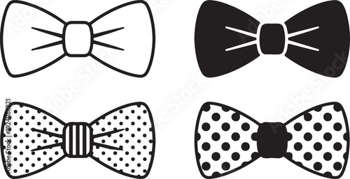 Various black and white bow tie designs including solid, outlined, and patterned accessories for formal wear