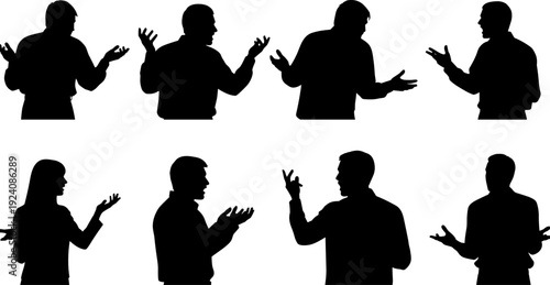 People Gesturing and Talking Silhouettes Set, Men and Women Arguing or Explaining, Flat Vector Illustration