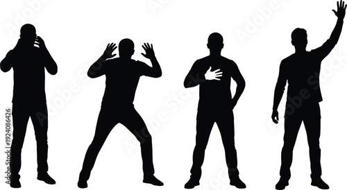 Male silhouette collection showing different hand gestures, expressive men body language poses isolated on white background illustration