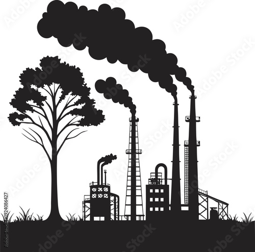 Factory silhouette with smoke stacks emitting fumes, Industrial pollution  hazard icon. 