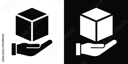 Protective hands holding a box icon representing careful handling. Logistics symbol for package safety, manual handling instructions, and delicate cargo protection for shipping and mailing.
