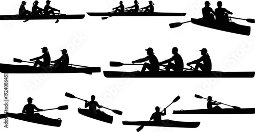 Rowing and Kayaking Silhouettes Set, Professional Rowers, Kayakers and Canoeing Flat Vector Illustration