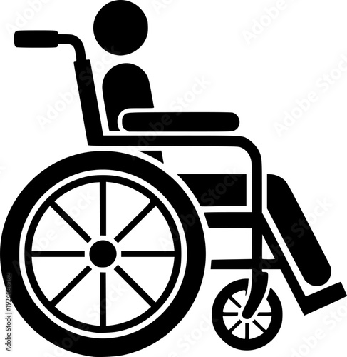 Black wheelchair icon on white, medical equipment for disabled people
