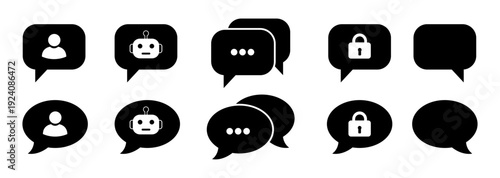 Chat bubble icon set with user avatar robot lock and typing dots. Messaging communication symbols for app UI interface, customer support, chatbot and social media design