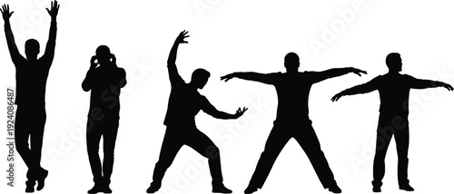 Male dancer silhouette collection in dynamic poses, men performing expressive dance movements isolated on white background illustration