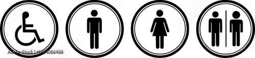 Four black and white restroom signs indicating accessibility men women and gender neutral restrooms are shown
